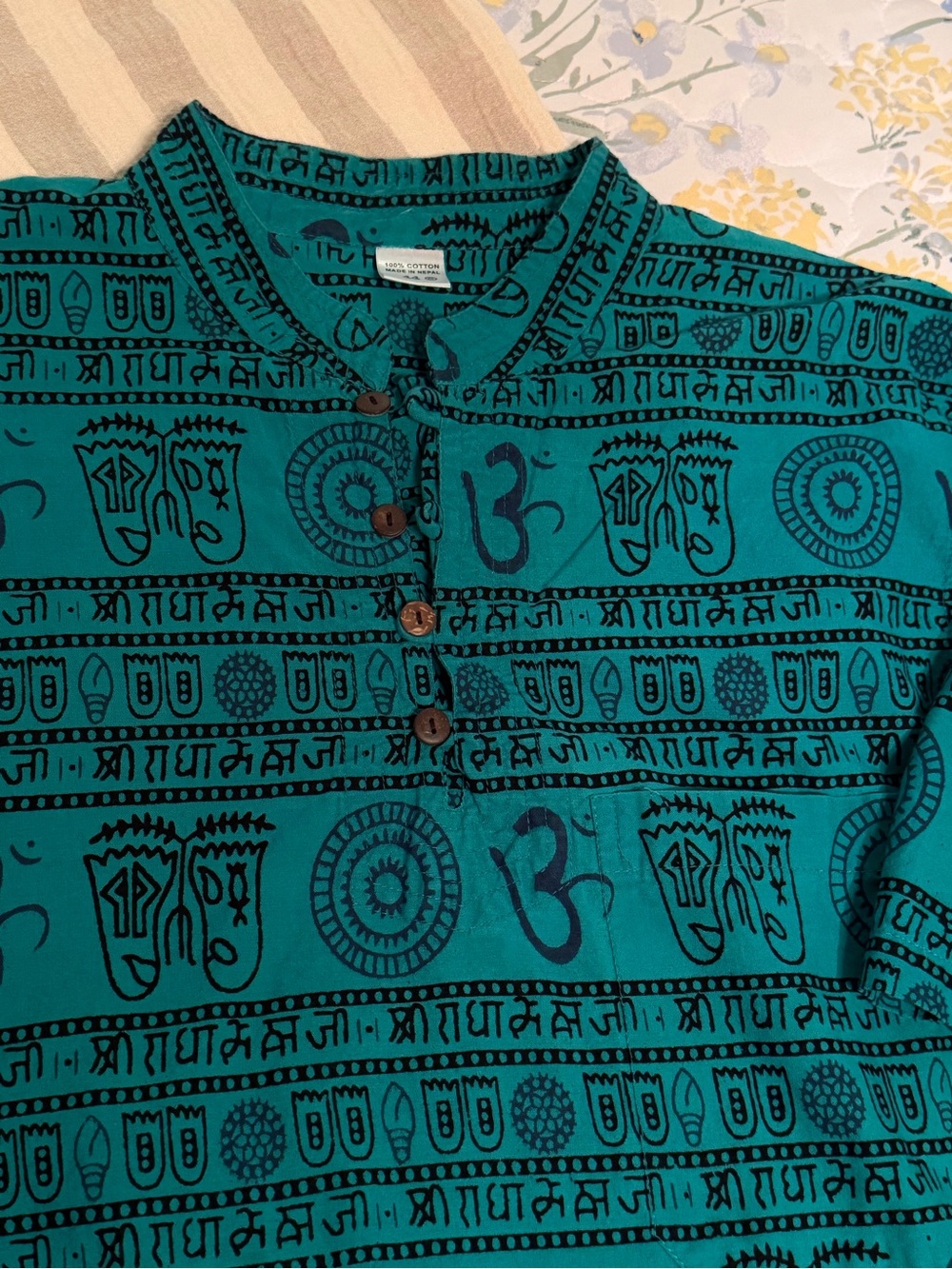 Men's Teal Printed Henley Shirt with Spiritual Motifs
